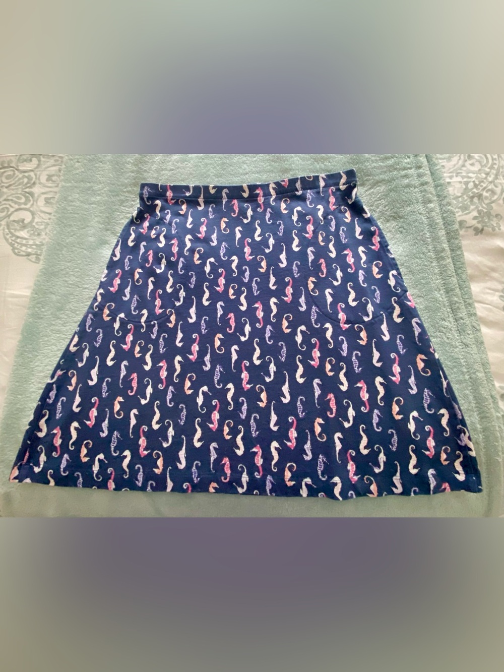 J. Jill Navy A-Line Skirt with Pink, Cream & Purple Seahorse Print